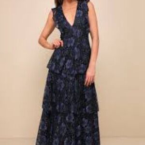 Molinetto Navy Blue Lace Ruffled Tiered Sleeveless Maxi Dress
